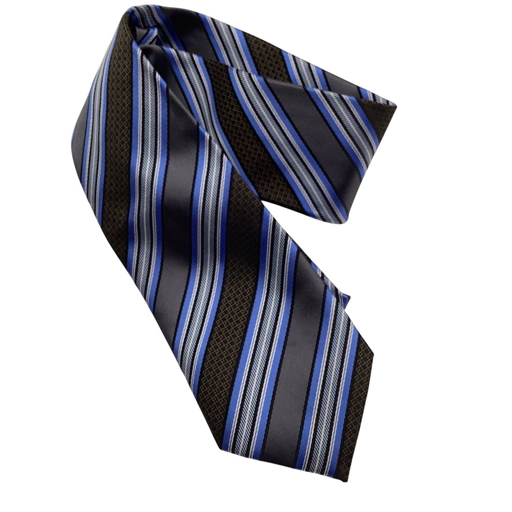Clericci Mens Striped Necktie Blue Grey Black Geometric Pattern Hand Made Tie